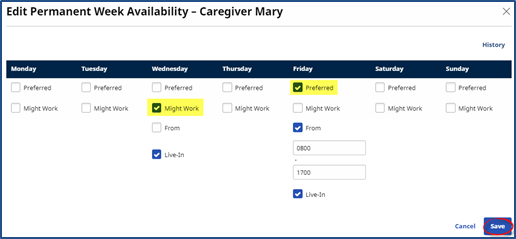 Edit Permanent Week Availability